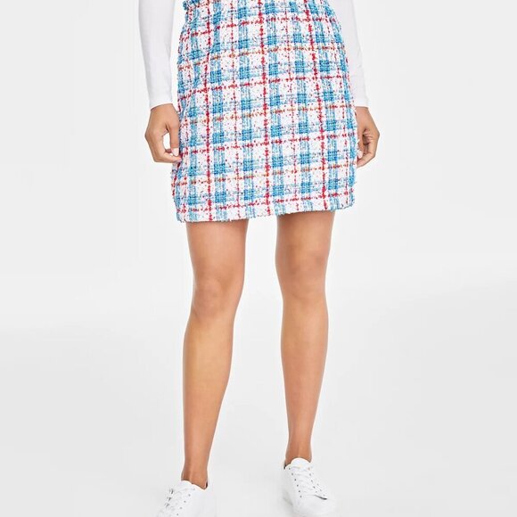 On 34th Tweed Twill Mini Skirt 90s Clueless Chanel-esque Blue Red Silver Plaid - Picture 1 of 8
